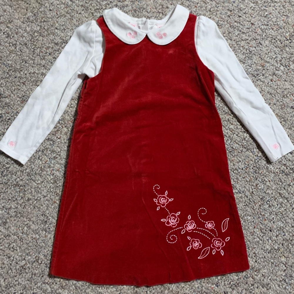 Red velvet dress with embroidered flowers